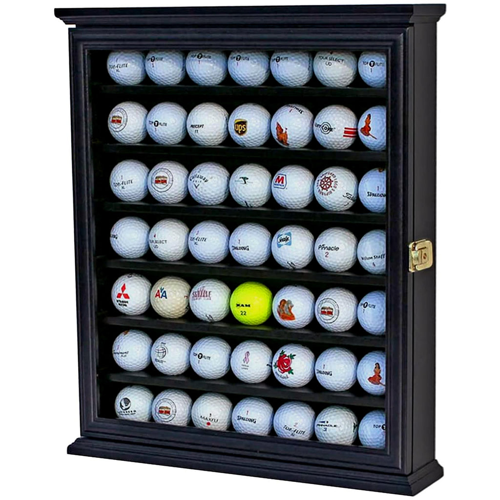 Fairways and Flopshots 49 Golf Ball Display Case Cabinet Wall Rack Holder Frame with Lockable Door Wall Mounted or Stand a Counter Top Black Finish Great Golfers Gift