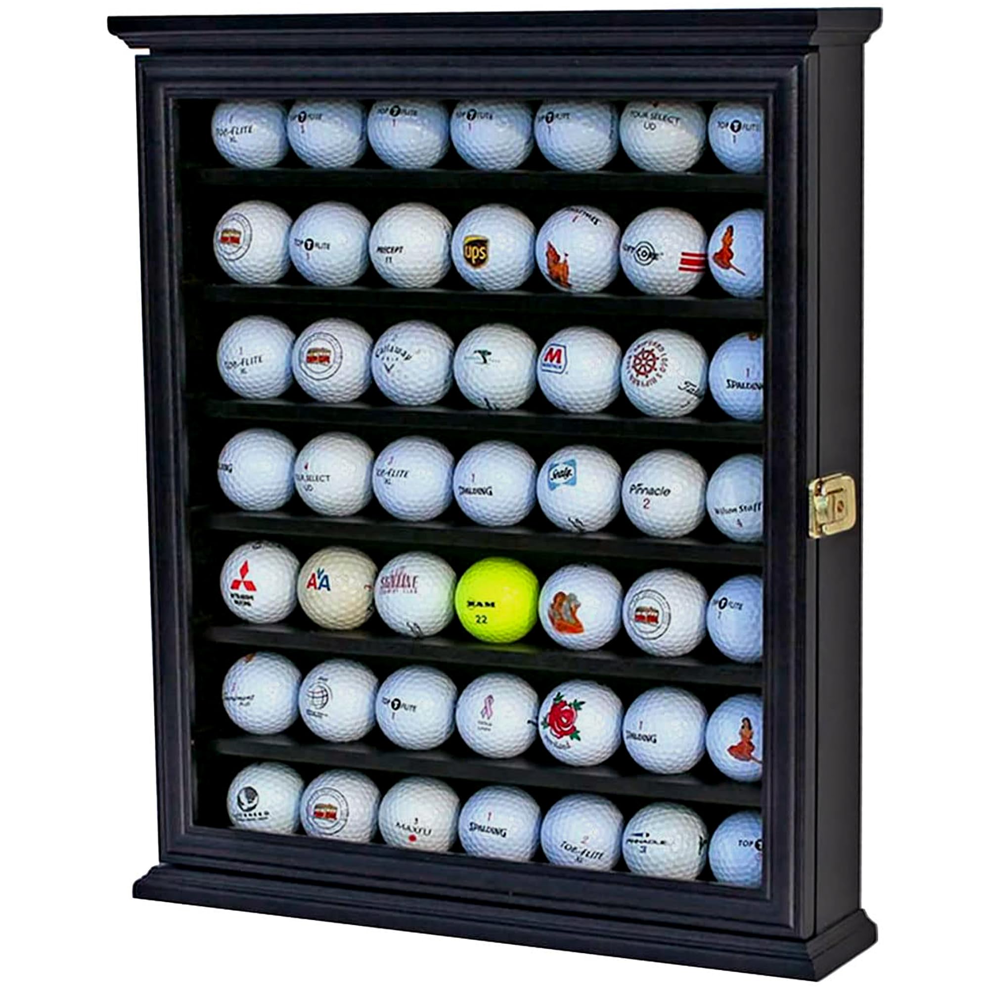 Fairways and Flopshots 49 Golf Ball Display Case Cabinet Wall Rack Holder Frame with Lockable Door Wall Mounted or Stand a Counter Top Black Finish Great Golfers Gift