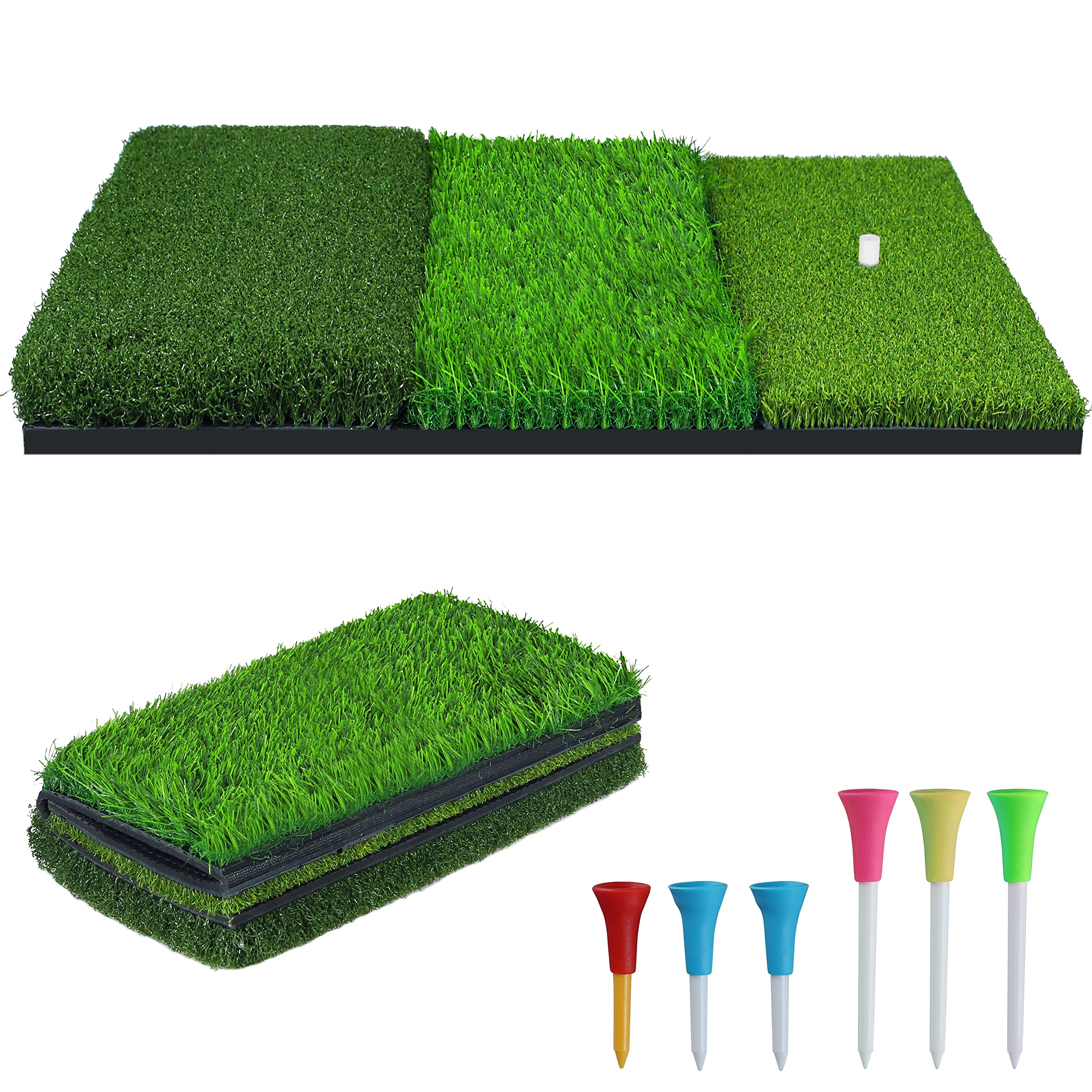 Fairways and Flopshots Golf Hitting Mat 3-in-1 Foldable Golf Mat Indoor Outdoor Tri-Turf Golf Practice Mat Traint Aid Batting for Chipping Swing Detection Portable Personal Driving Range for Backyard